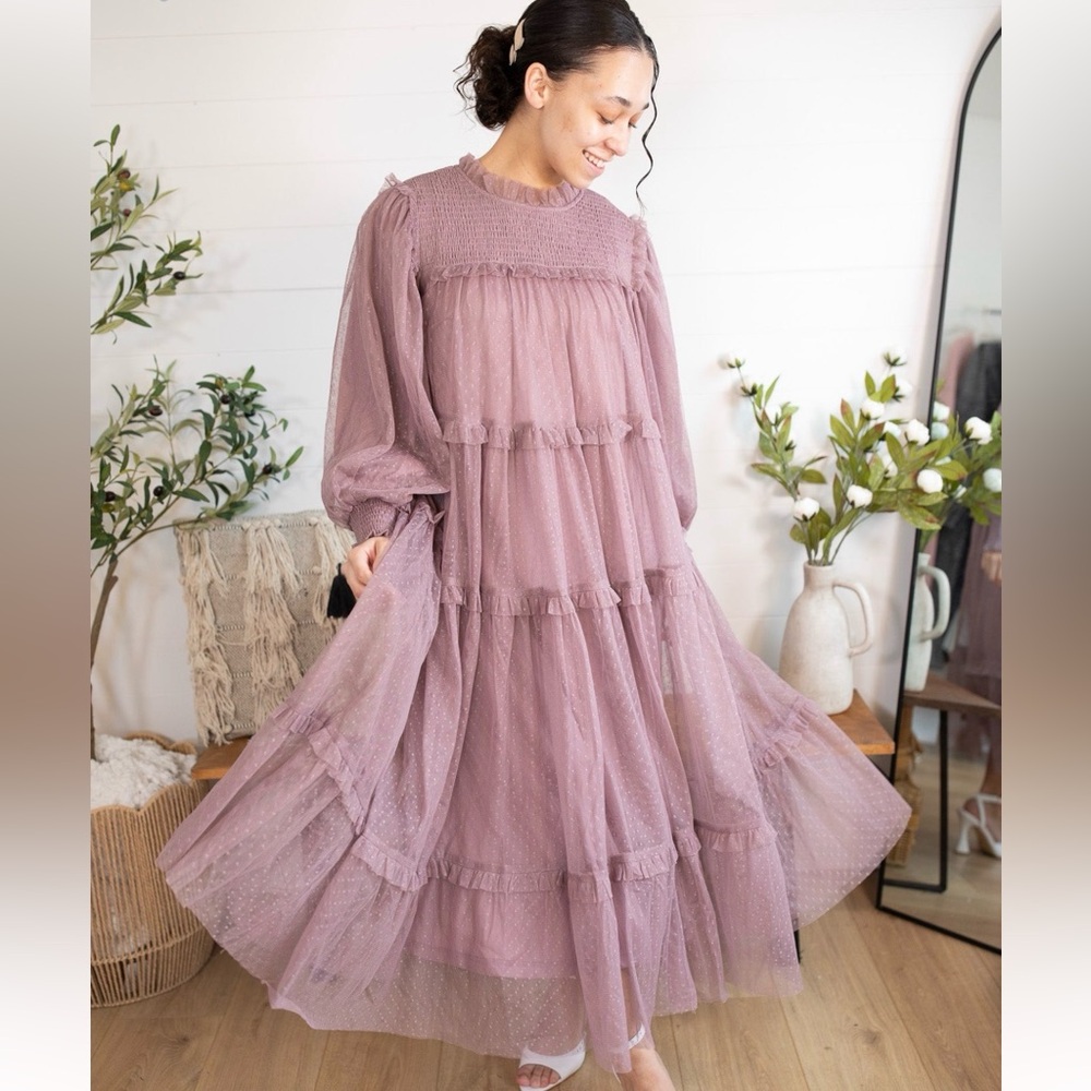 Smocked Tiered Long Sleeve Maxi Dress in Dusty Mauve